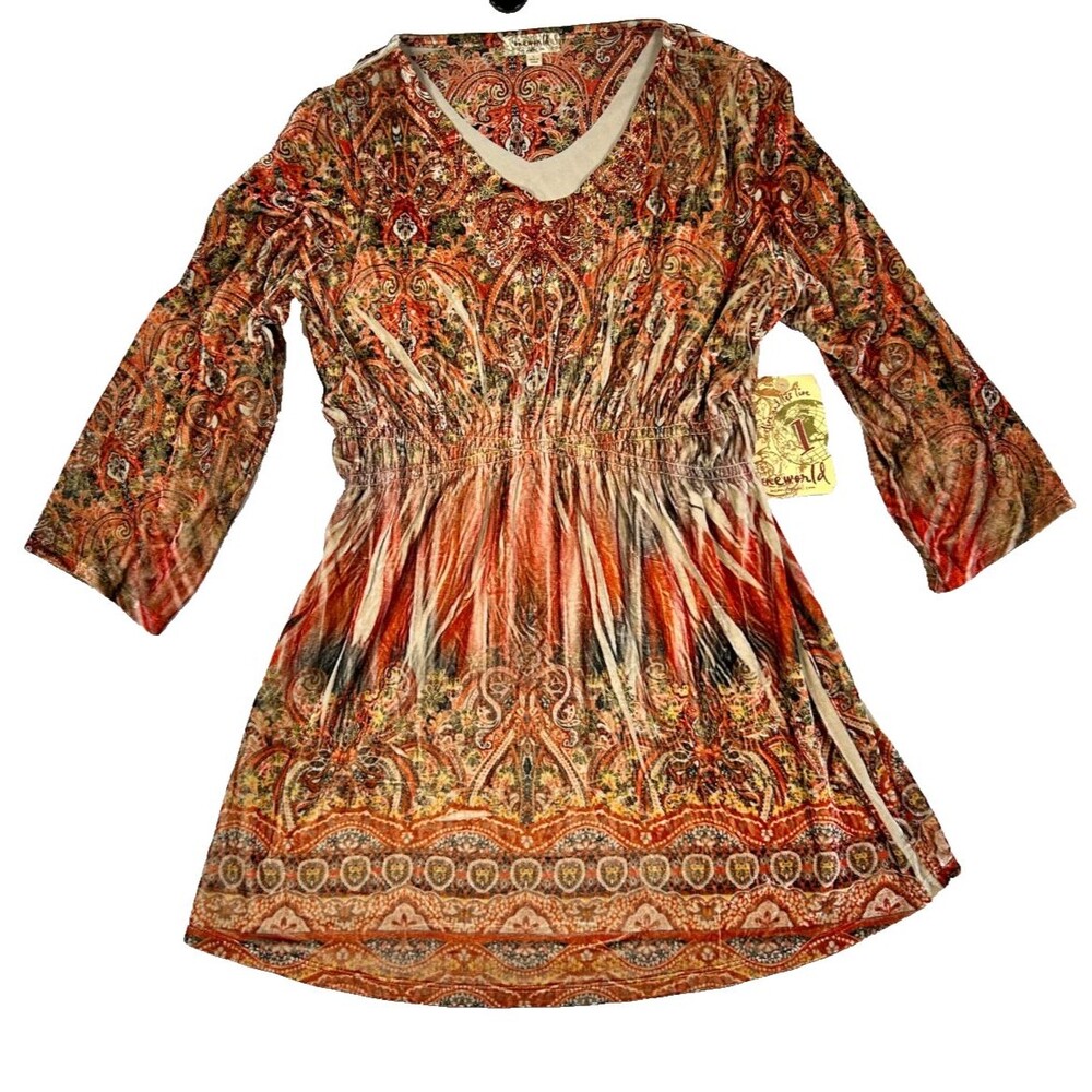 One World Womens Size L Paisley Velvet Burnout Tunic Top 3/4 Sleeve Boho NWT